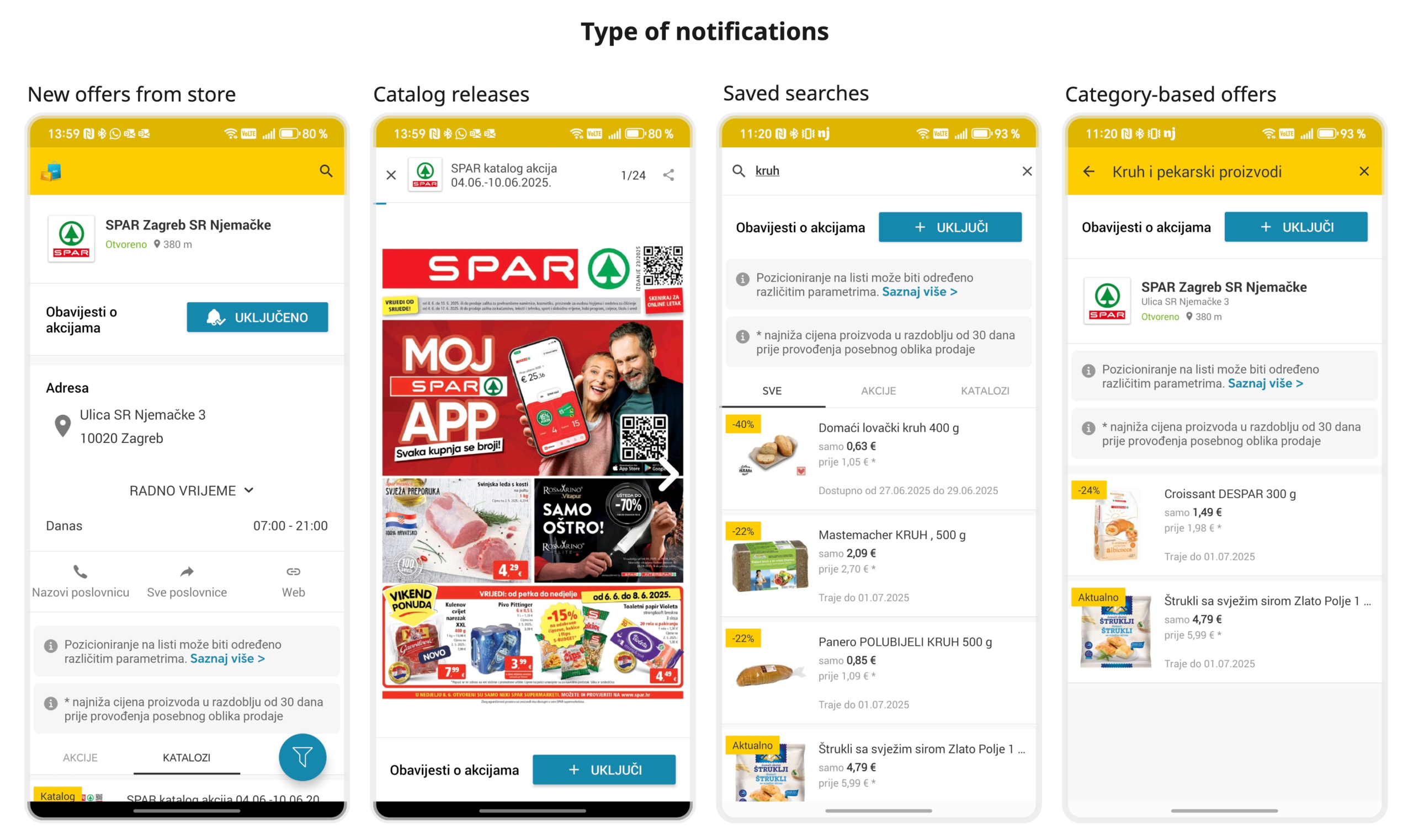 Screens from the old version of the app showing different notification types